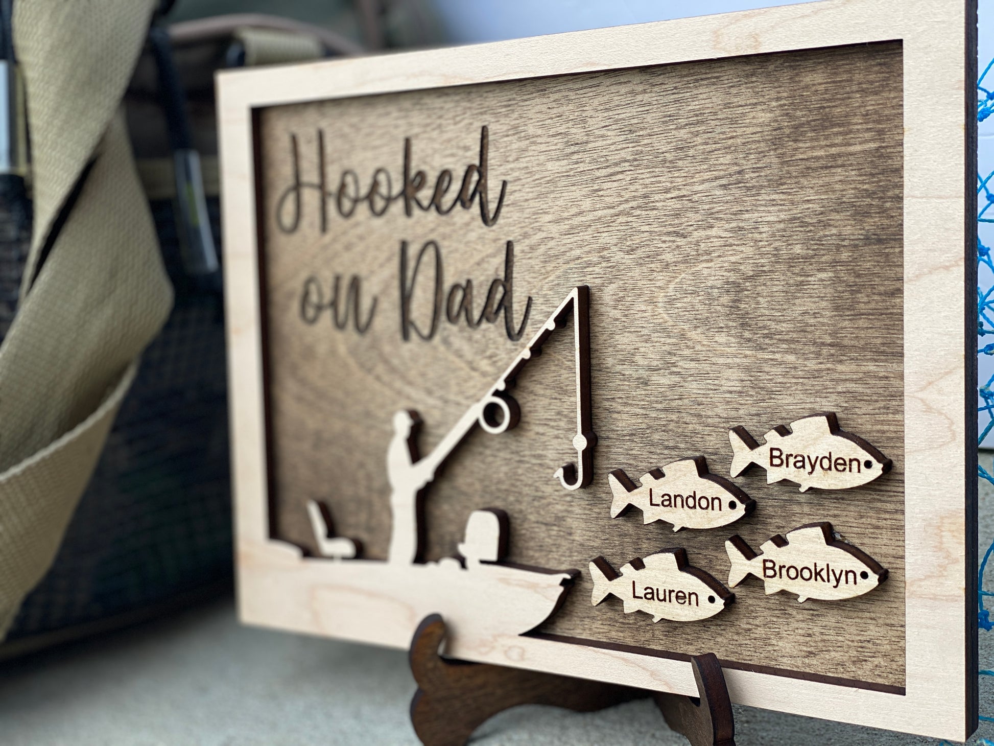 Fishing Hooked On Papa, Personalized Layered Wood Sign Stand